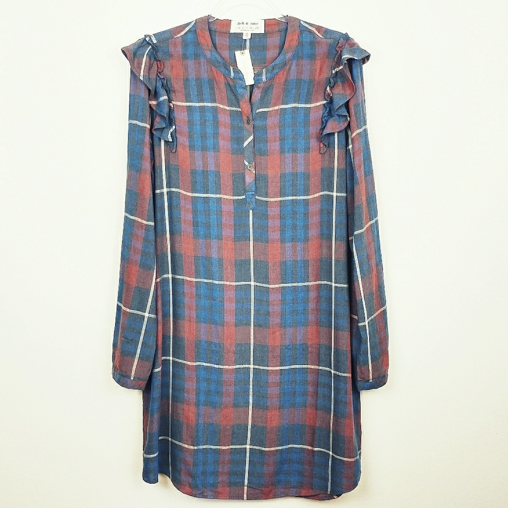 🆕 Anthro | Cloth & Stone Ruffled Plaid Shirtdress